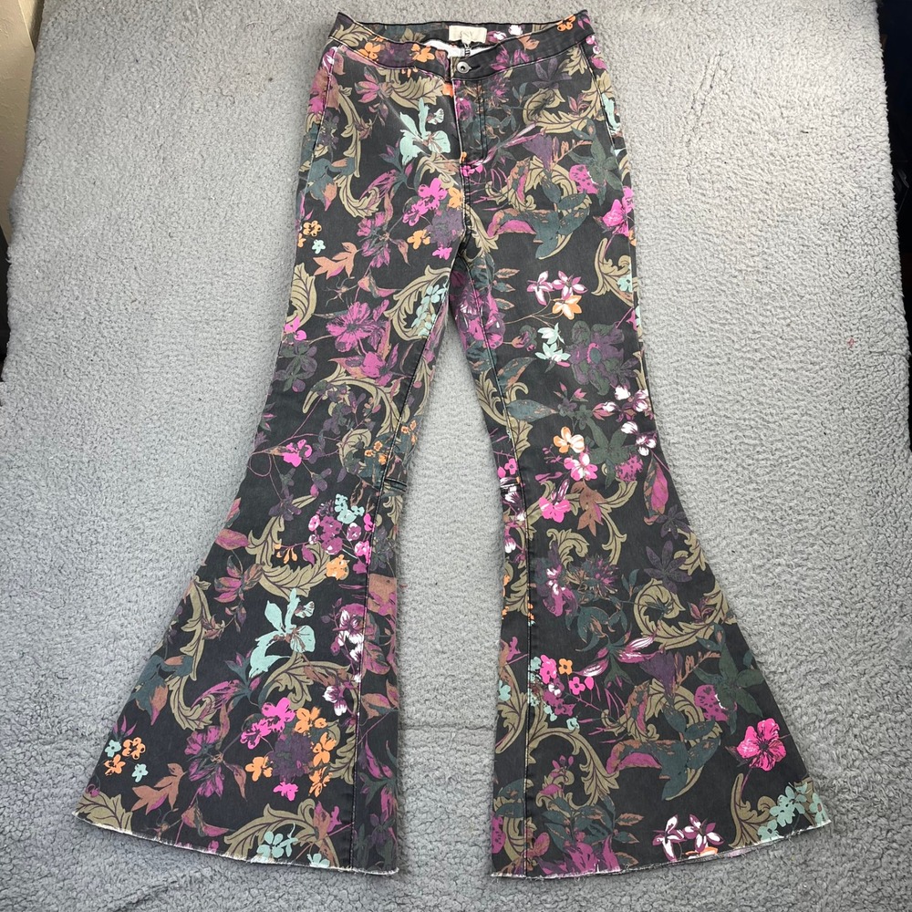 Chelsea & Violet Flare Jeans Womens 30 Black Floral Print Raw Hem Bell Bottoms
